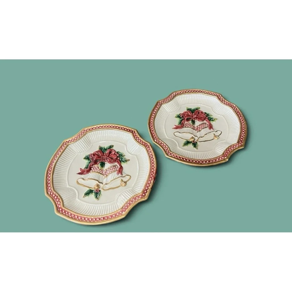 2 Fitz & Floyd Holiday Bells Christmas 2003 Canape Candy Cookie‎ Serving Plates
